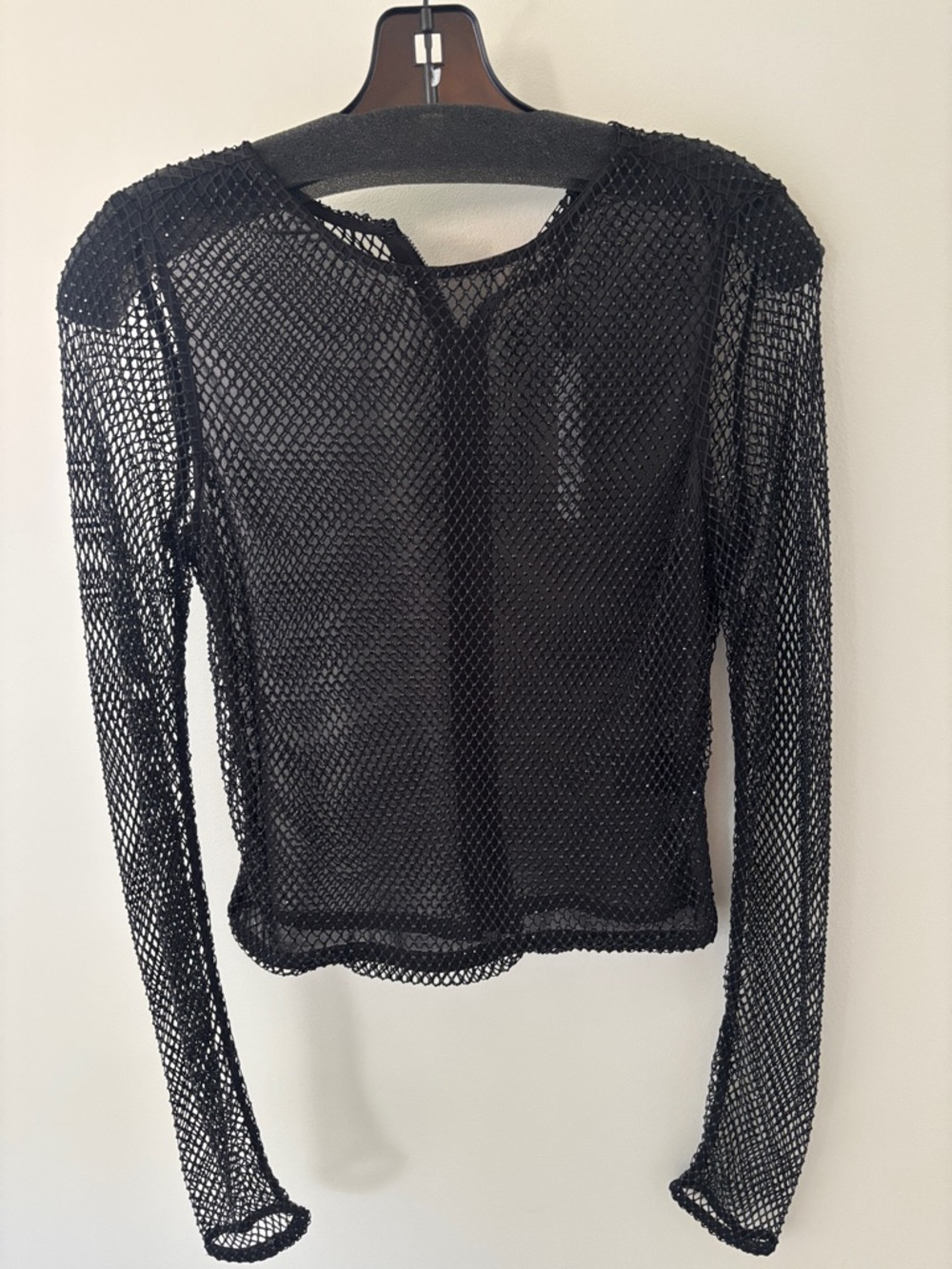 Alice + Olivia Black Sheer Mesh Beaded Long-Sleeve Top M NWT